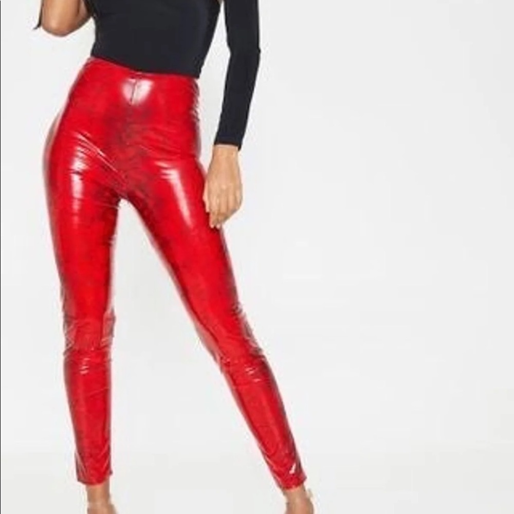 Red Snakeskin Leather Leggings